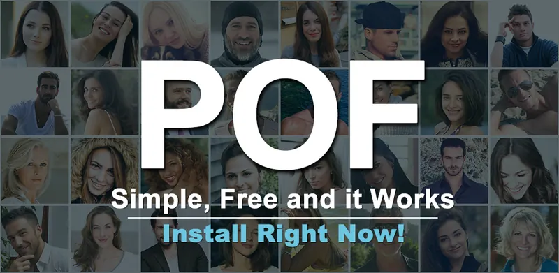 Google Play feature graphic from 2018: POF, Simple, Free and it Works.