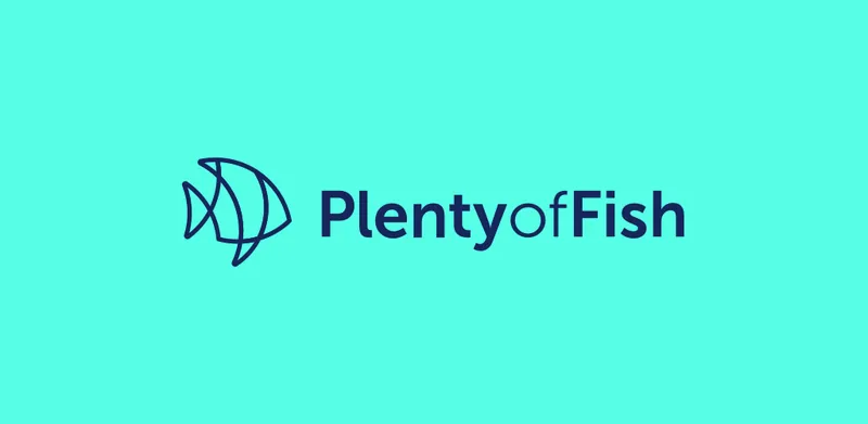 Google Play feature graphic from 2020: PlentyofFish with a line drawn fish on turquoise.