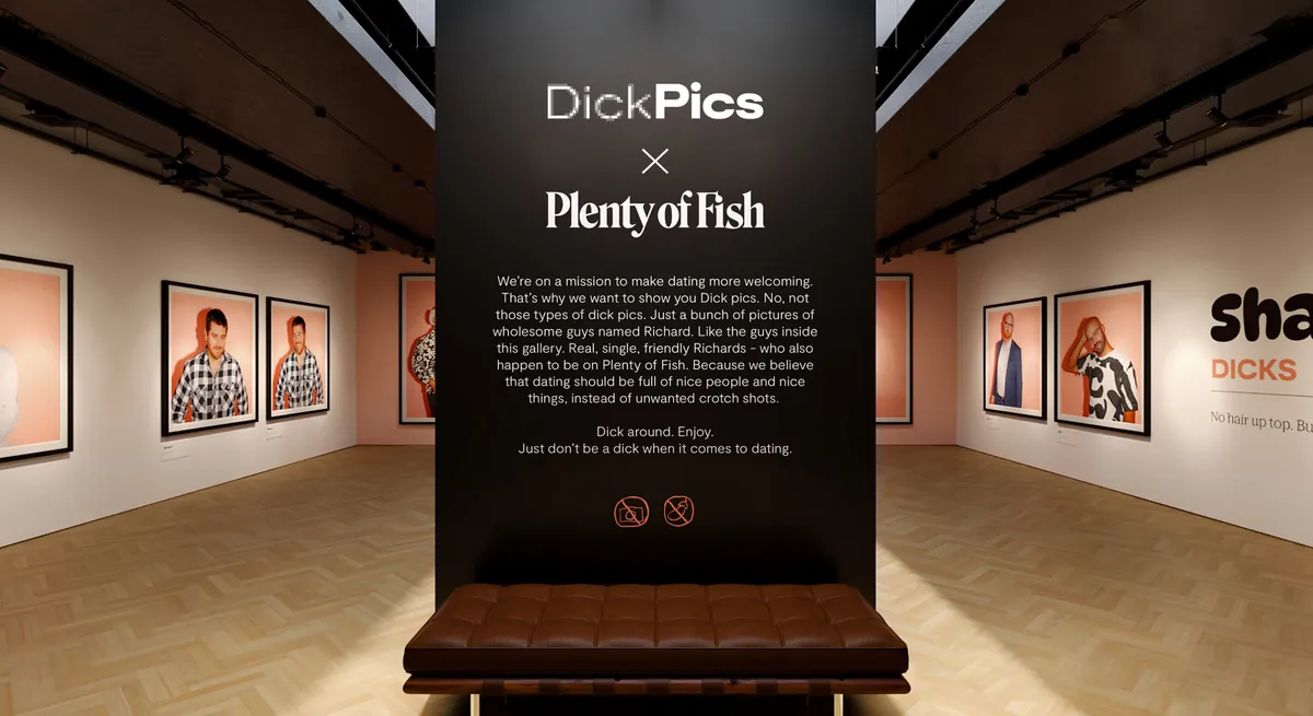 The virtual gallery's entrance: a dark wall with the gallery statement under Dick Pics x Plenty of Fish, a leather bench in front, and rooms of framed portraits on both sides.