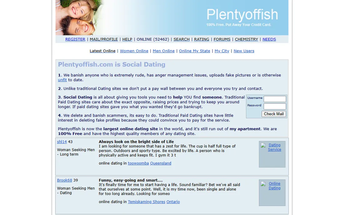 plentyoffish.com in 2008: a light blue header with a photo of a smiling couple and the word Plentyoffish, a row of text links, and long lists of member posts.