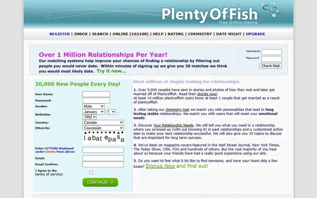 plentyoffish.com in 2010: the glossy PlentyOfFish banner with fish and bubbles over a sign up form and member listings.