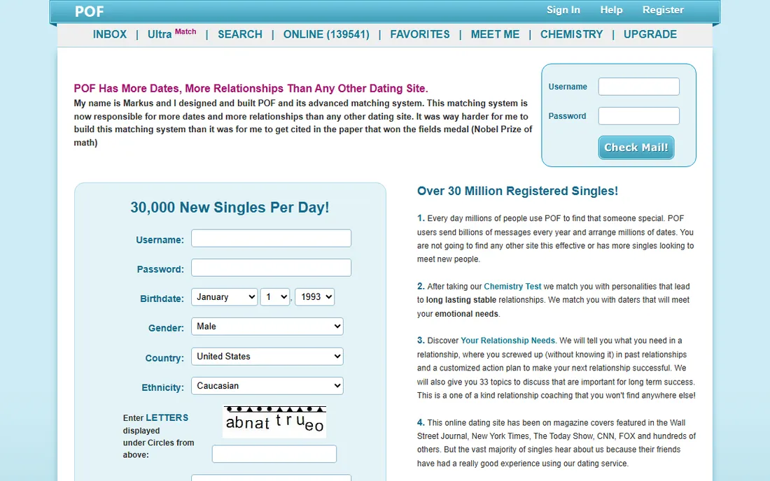 pof.com in December 2011: the same layout under a new blue header that reads POF.