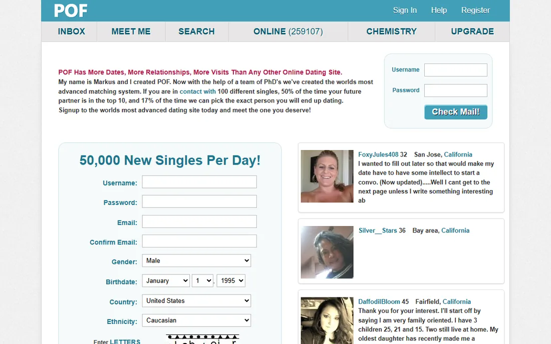 pof.com in 2013: a blue POF header over a sign up form, with member photos down the right side.