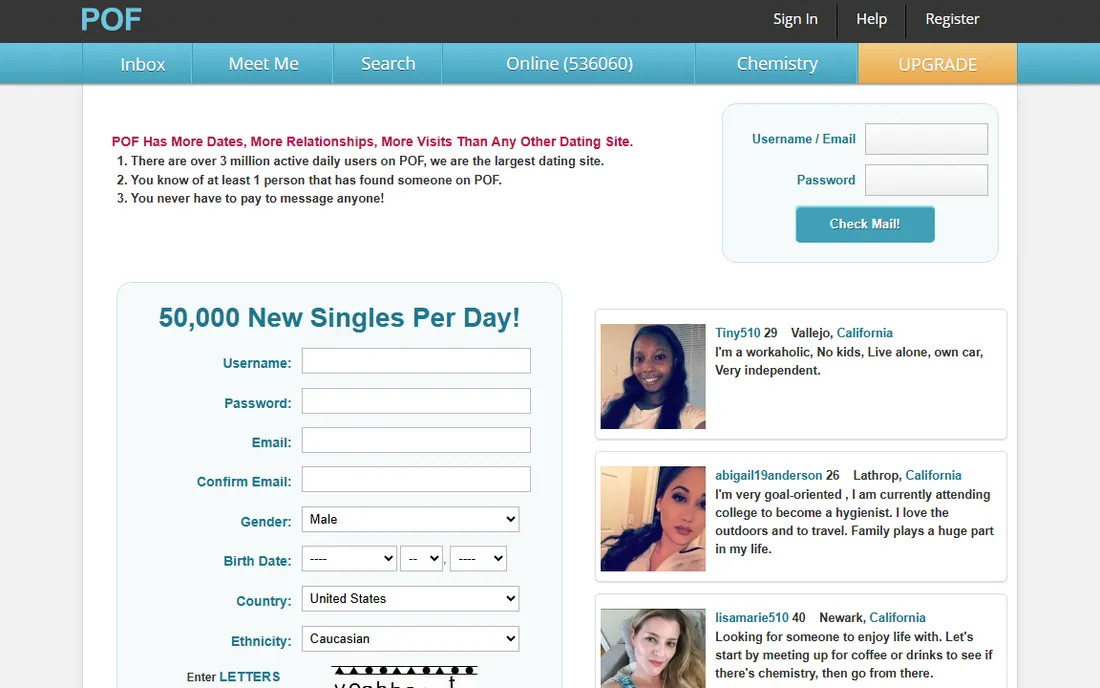 pof.com in 2017: a dark POF header and blue menu bar over the sign up form and member posts.