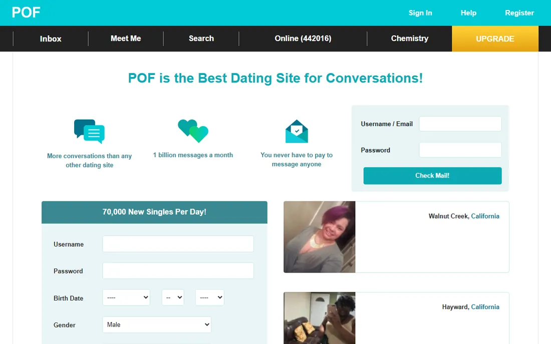 pof.com in August 2019: a turquoise POF header and the line POF is the Best Dating Site for Conversations!
