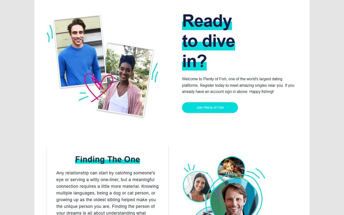 pof.com in November 2019: Ready to dive in? in bold navy type with turquoise highlights, beside photos of two people and a drawn heart.