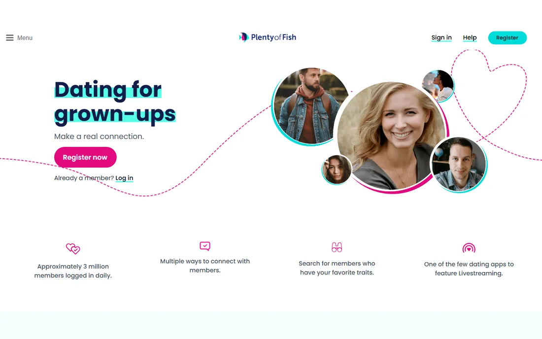 pof.com in 2021: Dating for grown-ups in bold navy with turquoise highlights, a pink Register now button, and circle cropped photos joined by a dotted heart.