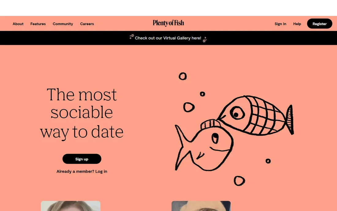 pof.com in August 2023: the salmon homepage with The most sociable way to date and a bar that says Check out our Virtual Gallery here.