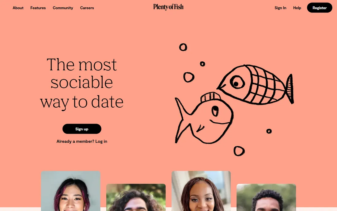 pof.com today: the salmon homepage, The most sociable way to date, two hand drawn fish, and a row of member photos.