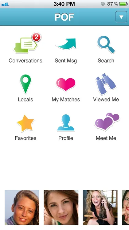The 2013 app home screen: a blue POF header and a grid of glossy feature icons.