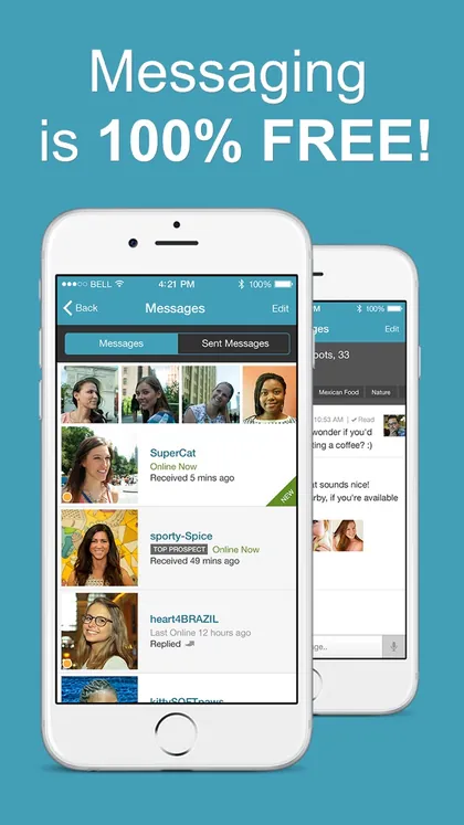 2016 App Store screenshot: Messaging is 100% FREE! over a phone showing messages.