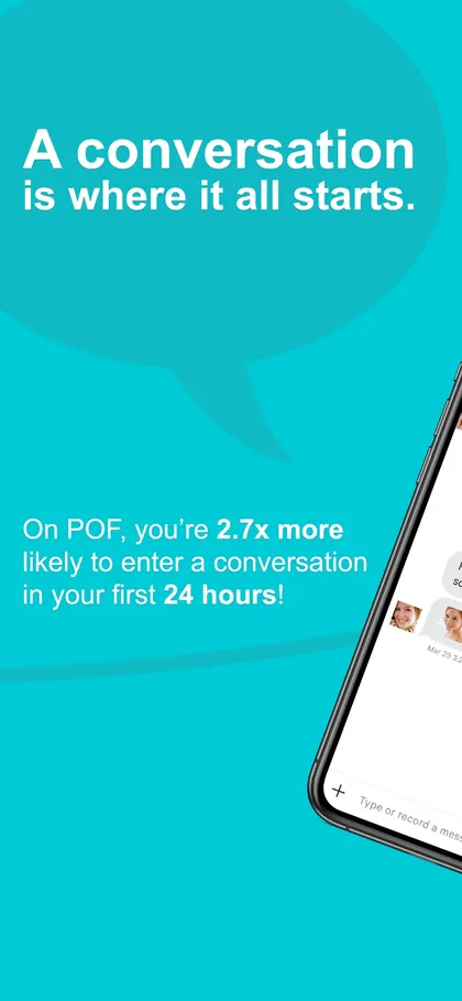 June 2019 App Store screenshot: A conversation is where it all starts, on turquoise.