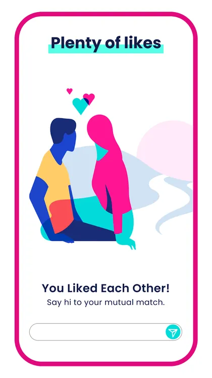 September 2021 Google Play screenshot, illustrated: Plenty of likes, a drawn couple in teal, pink and navy.