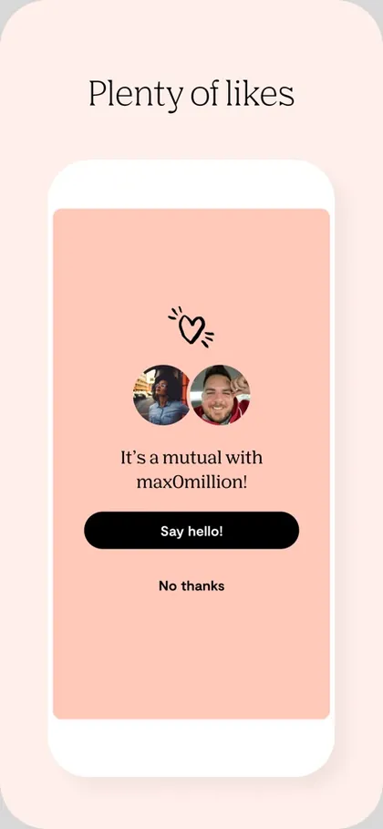 October 2022 App Store screenshot: Plenty of likes, a mutual like screen.