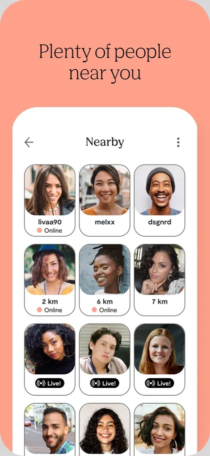 October 2023 App Store screenshot: Plenty of people near you, a grid of profiles.